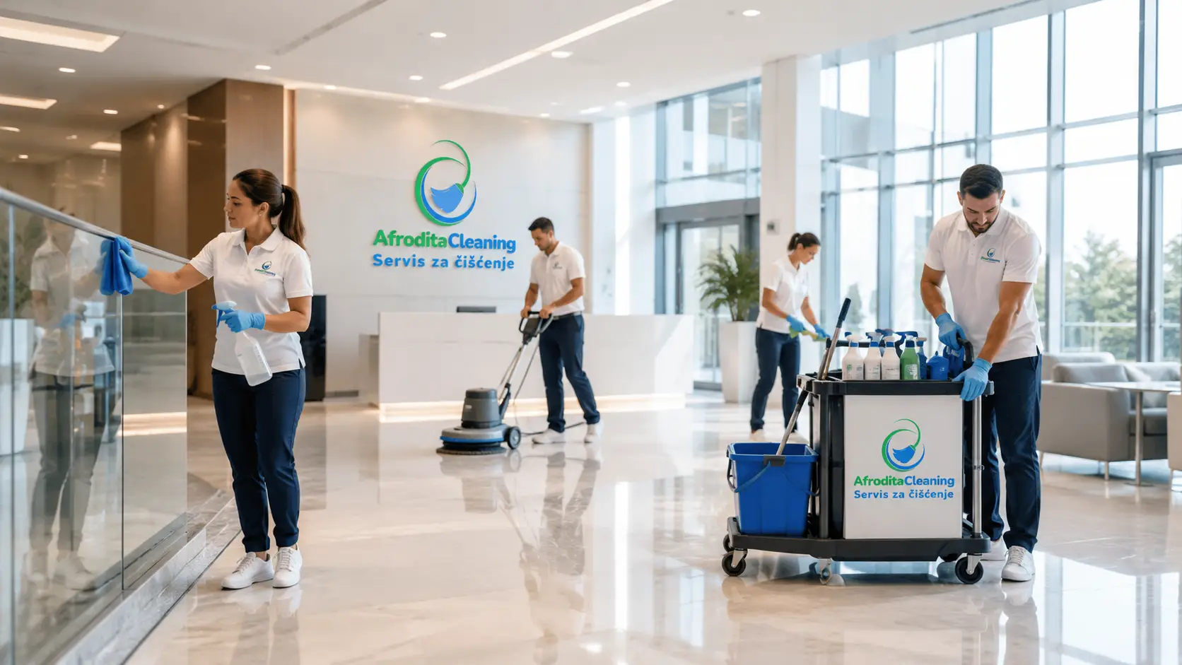 Tim Afrodita Cleaning na čišćenju modernog poslovnog prostora